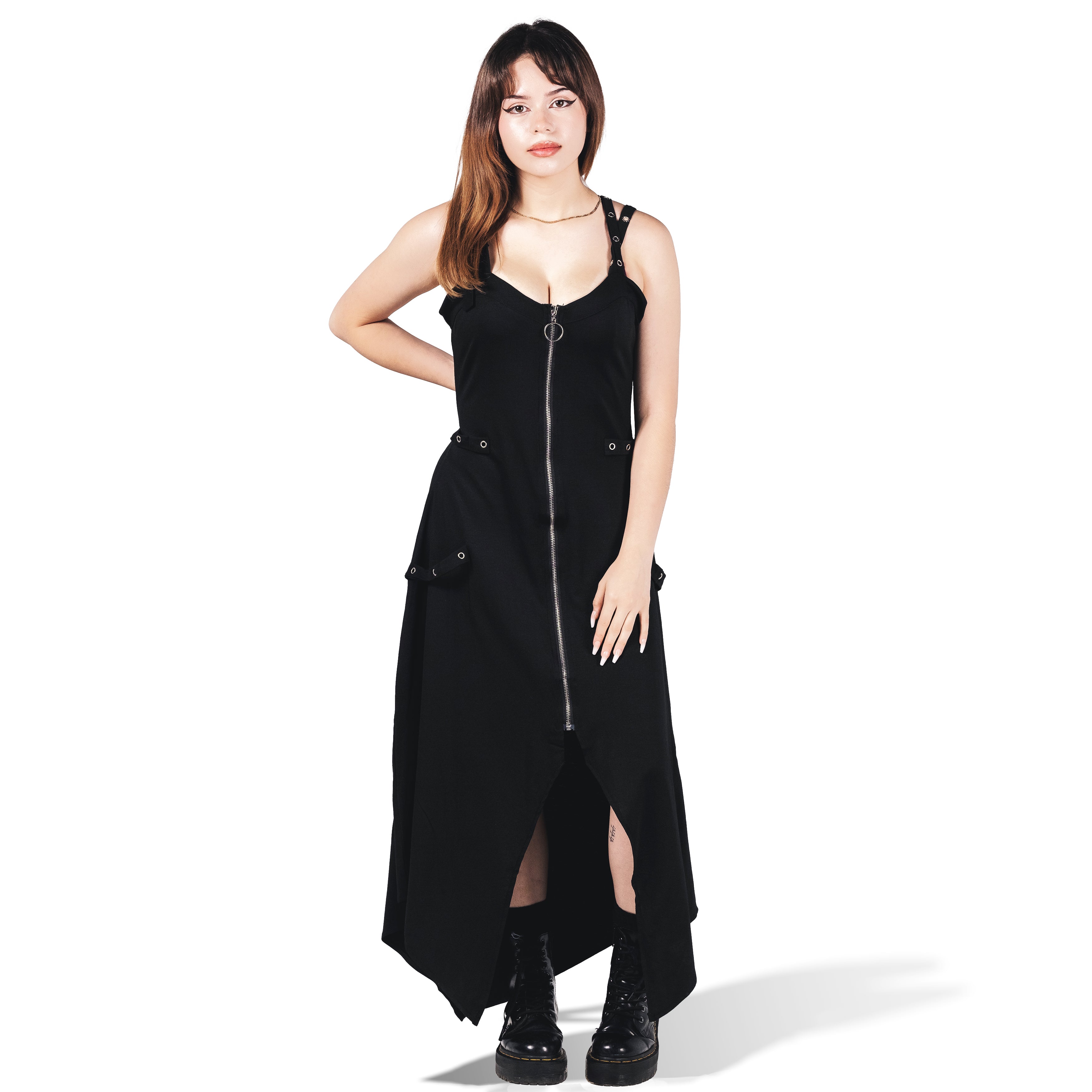 Jezebel Women's Slim Fit Dress in black, modeled by a woman with brunette hair, featuring a zipper design and stylish cut, "Forbidden Alchemy" collection.