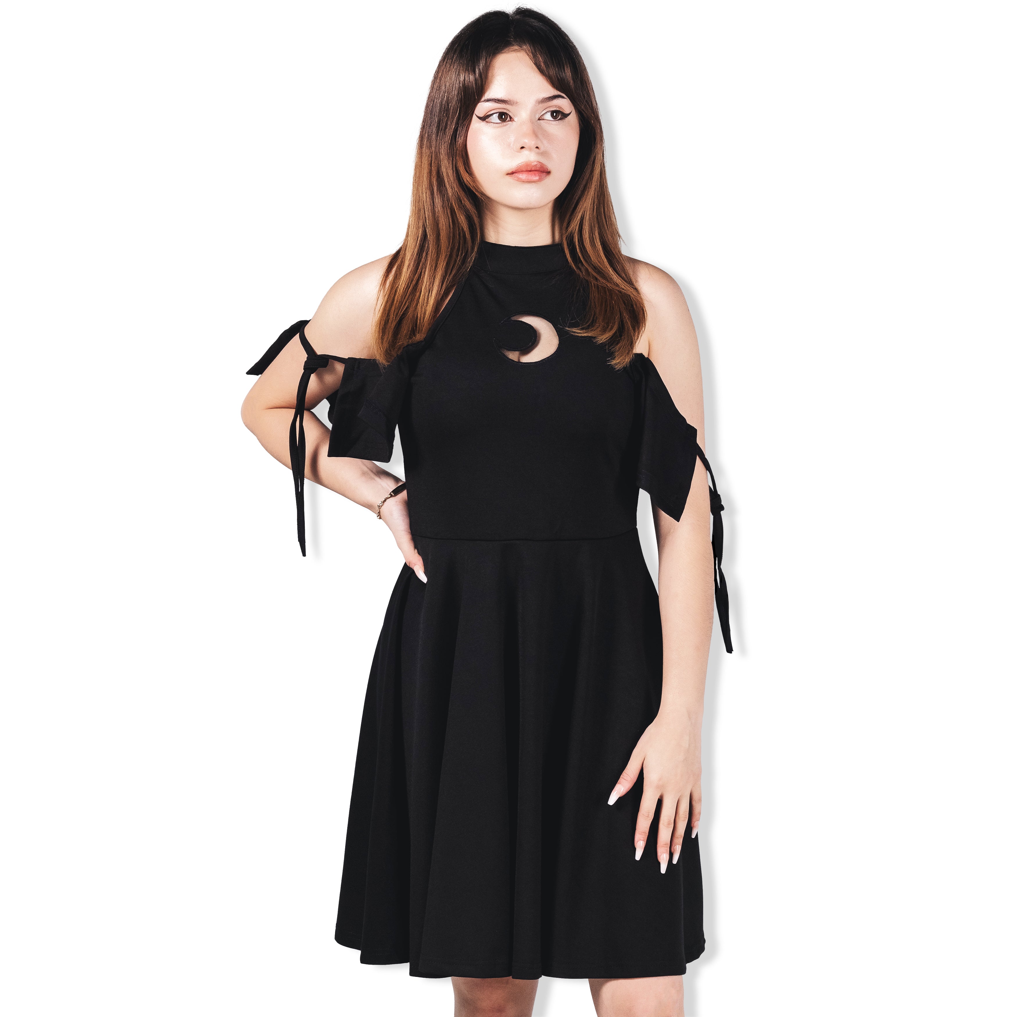 Woman wearing Leah Women's Slim Fit Dress in black, featuring stylish cut-out design, by Forbidden Alchemy.
