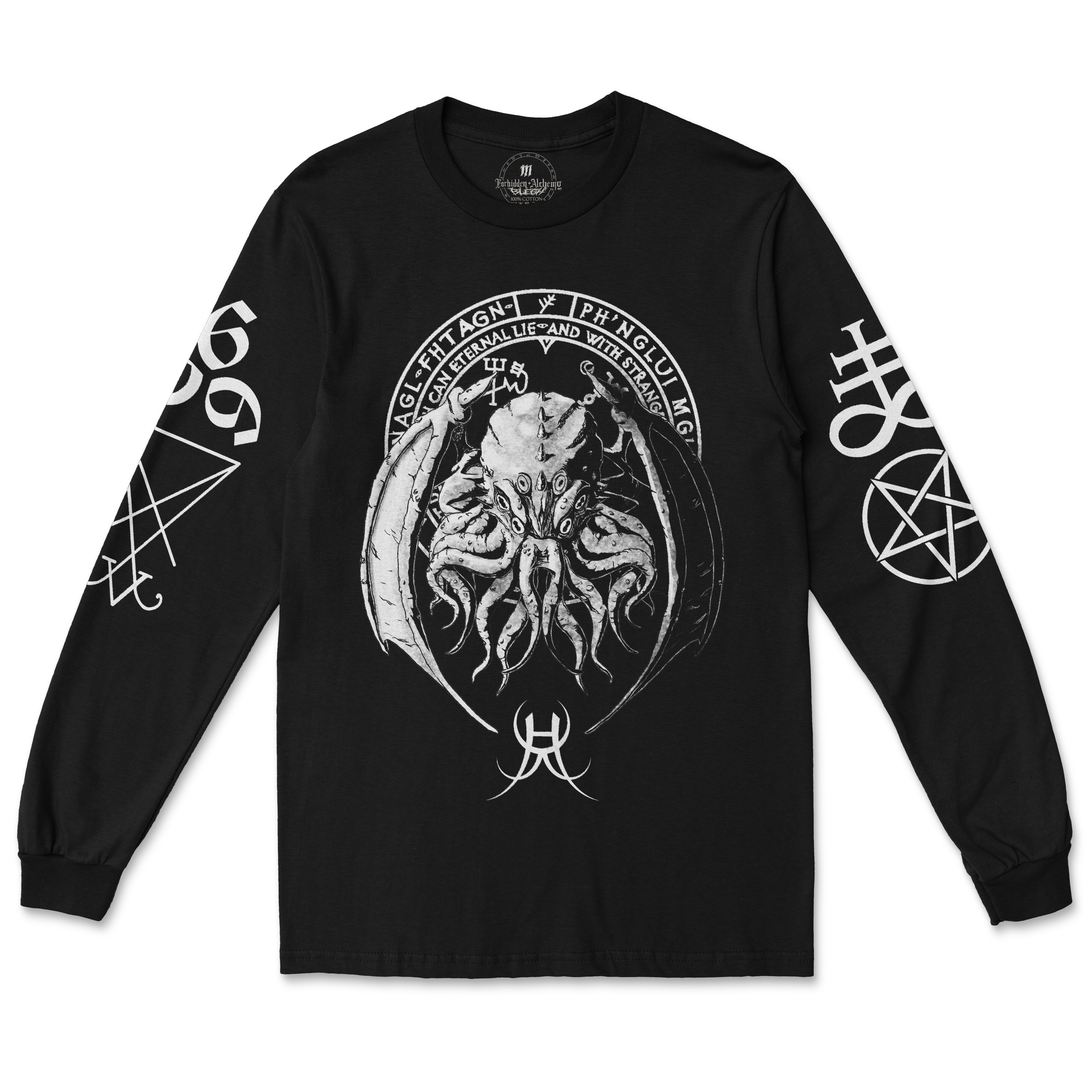 Lord of Madness Long Sleeve featuring dark, detailed alchemy designs on black premium cotton shirt
