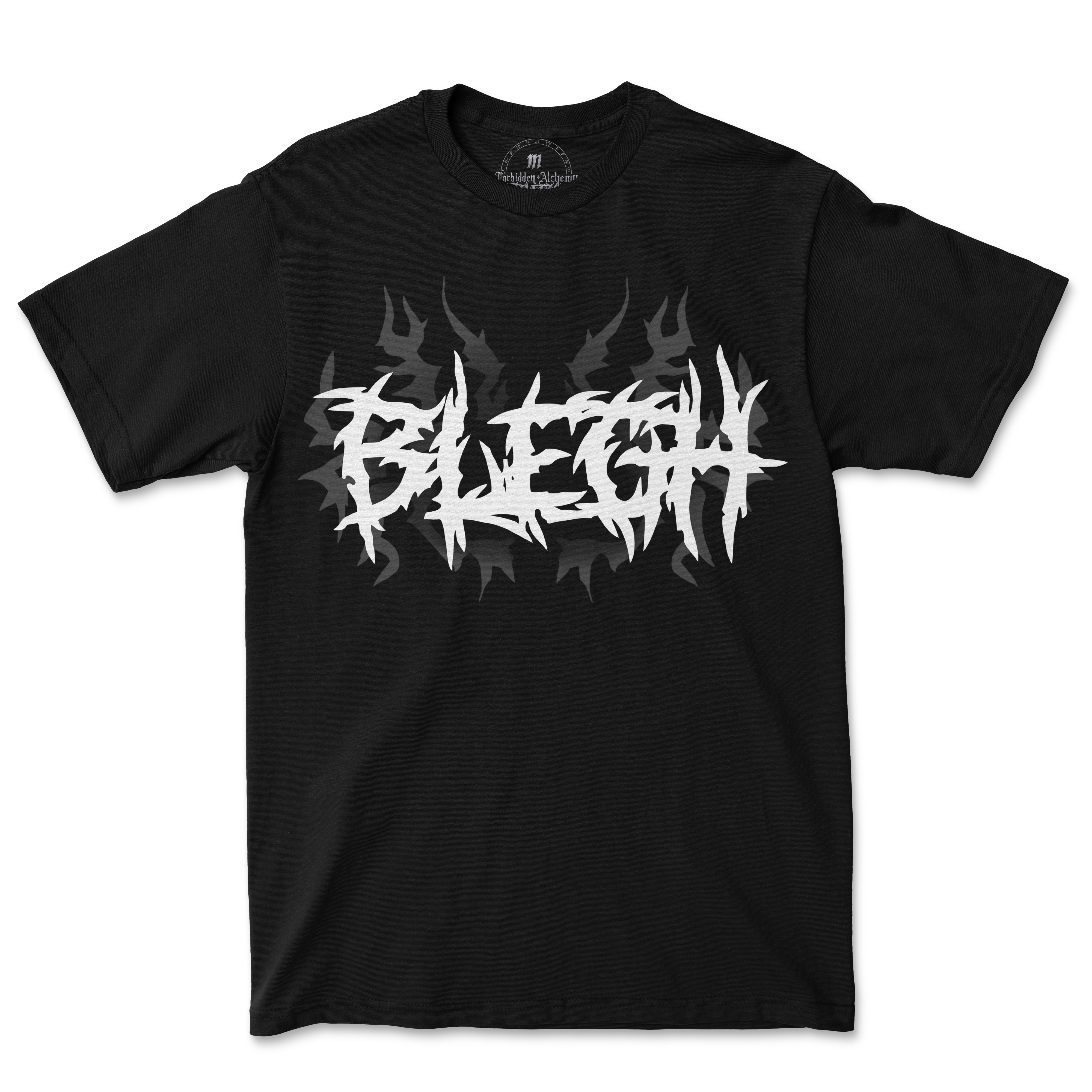 BLEGH men's black T-shirt with detailed design, 100% cotton, eye-catching DTG print, forbidden alchemy style, premium quality.