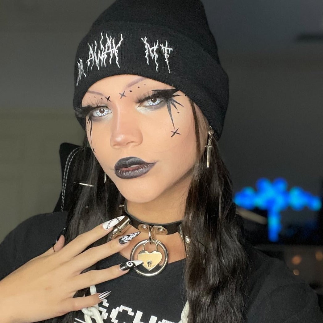 Shop Look Away MF Beanie from forbidden alchemy's unisex , 100% acrylic, bold embroidery, authentic alternative style. Tagged: Beanies.Beaniesforbidden alchemyBeanies