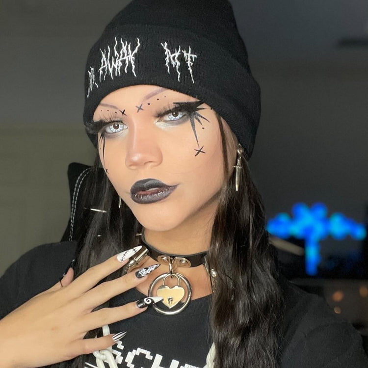 Shop Look Away MF Beanie from forbidden alchemy's unisex , 100% acrylic, bold embroidery, authentic alternative style. Tagged: Beanies.Beaniesforbidden alchemyBeanies