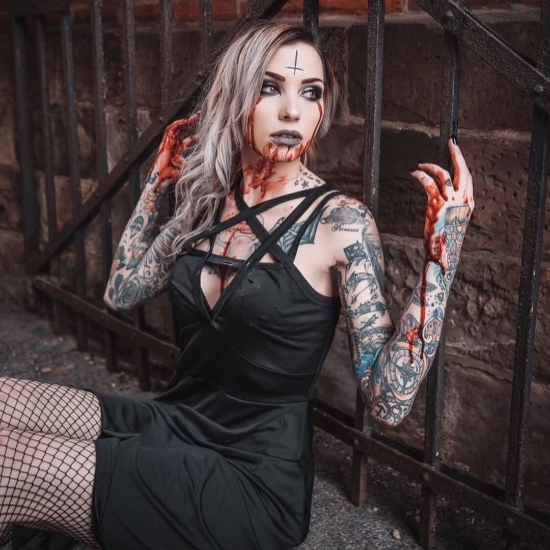 Shop the Pentagram Dress from Forbidden Alchemy’s women's slim fit dresses, featuring premium fabrics and authentic gothic aesthetics. Tagged: DRESSES.Dressesforbidden alchemyDRESSES